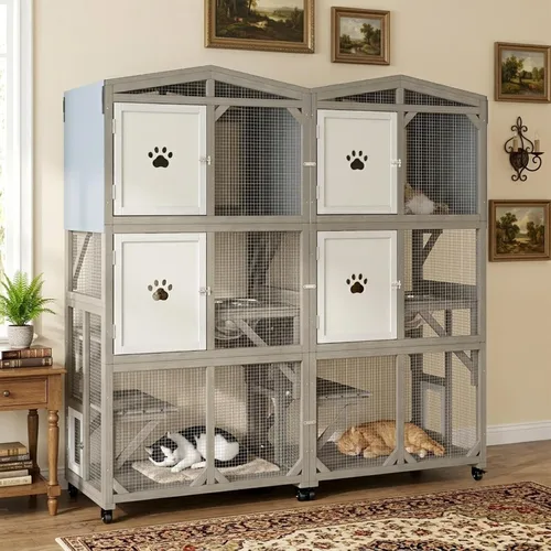 Vista 9 de PetsCosset Catio - Recintos para gatos al aire libre, casa grande para gatos de 4 pisos para ventana interior y exterior, catio exterior de madera