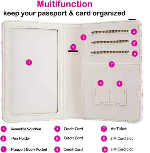 Vista 2 de Soporte para pasaporte para mujer, cartera de viaje con bloqueo RFID, funda de cuero para tarjetas, organizador de documentos de viaje, tarjetero