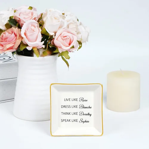Vista 5 de Plato para anillos de regalo para niñas doradas, regalos de amistad, regalos divertidos de cumpleaños para mujeres, Live Like Rose Dress Like