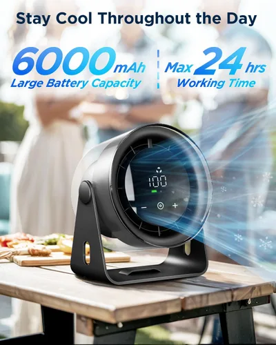 Vista 3 de EasyAcc Ventilador de escritorio turbo pequeño de 6000 mAh, máximo 24 horas de tiempo de trabajo, potente flujo de aire de 16 pies, ventilador