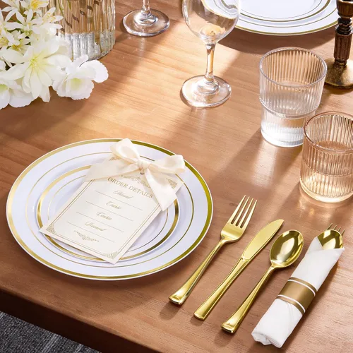 Vista 2 de Goodluck 100 Pack Pre Rolled Gold Plastic Silverware, Wrapped Cutlery