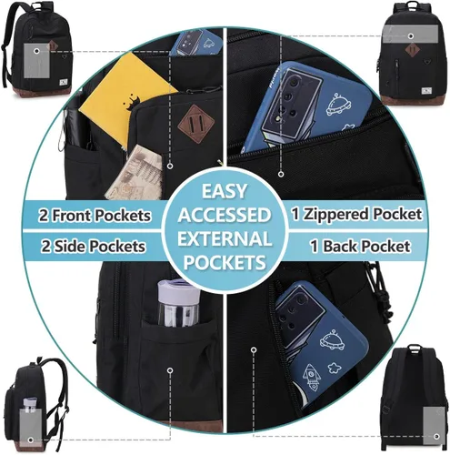 Vista 5 de VX VONXURY Mochila para hombres y mujeres, mochila ligera con múltiples bolsillos, mochila de viaje clásica resistente al agua, grande-negro
