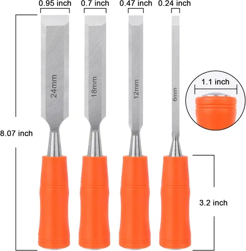 Vista 2 de Juego de 4 cinceles de madera para carpintería, cinceles de madera para carpintería con extremo de martillo de acero, herramientas de madera, juego