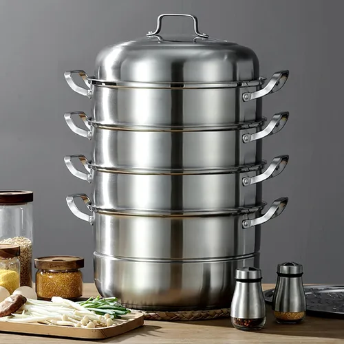 Vista 7 de Olla de vapor de acero inoxidable 304 – Vaporizador de alimentos de 5 niveles de 12.8 pulgadas con tapa para verduras, mariscos, pastas, utensilios