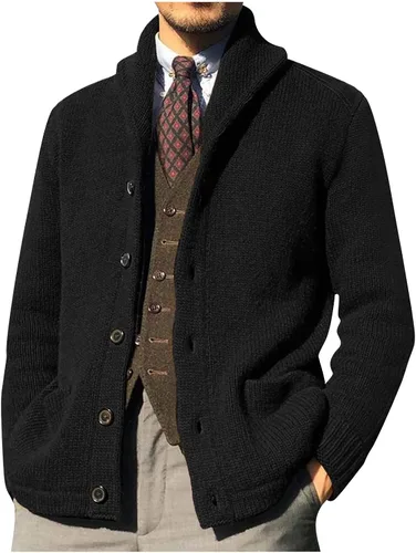 Vista 4 de Suéter de invierno para hombre, a la moda, cuello de chal, botón, suéter casual, manga larga, color sólido, abrigo de punto