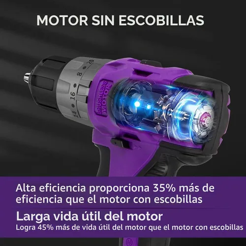 Vista 2 de Juego de taladro inalámbrico sin escobillas morado, kit de controlador de potencia compacto de 20 V con motor eléctrico, ajuste de par de 20+3, 48