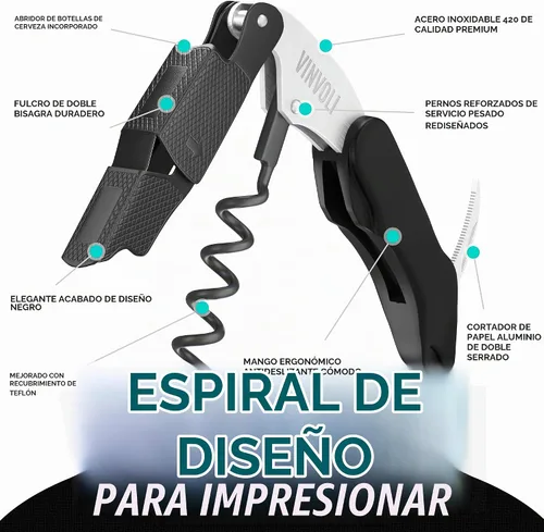 Vista 3 de Vinvoli Sacacorchos profesional para camareros - Abridor de botellas multifuncional 3 en 1 con tornillo de corcho, llave de vino con cortador