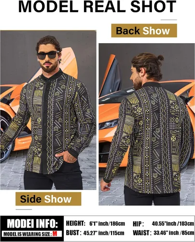 Vista 2 de Camisa de manga larga con estampado tradicional africano para hombre, camisas de lujo impresas Dashiki para hombres