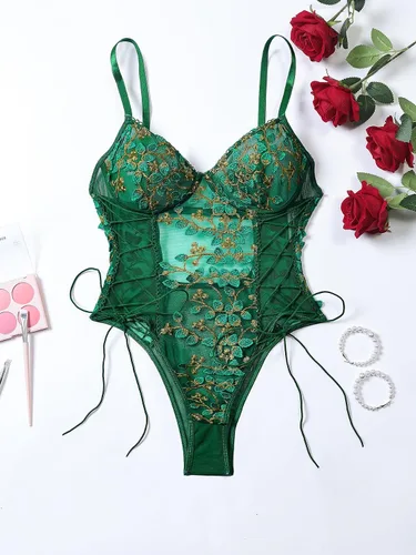 Vista 6 de Lilosy Teddy de Lencería Sexy para Mujer con Cordones y Bordado Floral, Body Top de Malla Transparente de Una Pieza Verde militar