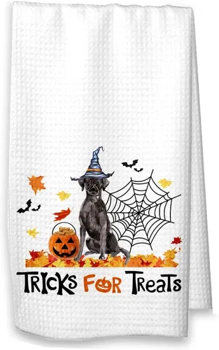 Vista 6 de Trucos para golosinas Black Labrador Retriever Toalla de cocina de Halloween, decoración de otoño de laboratorio negro
