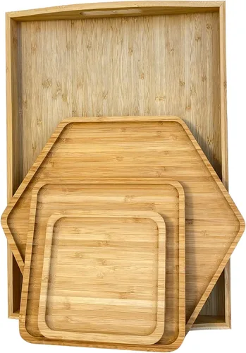 Vista 12 de Bandejas de bambú con tablas de cortar 16.5"x11.8" (42x30cm con asa, el set incluye platos de 0.63" (1.6cm) de grosor 1xHexágono 12.5" (32cm) +