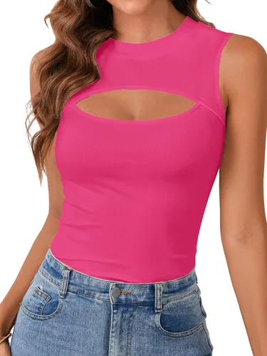 Vista 8 de Vrtige Camiseta sin mangas sexy con cuello redondo para mujer, de punto acanalado, sin mangas, ajustada