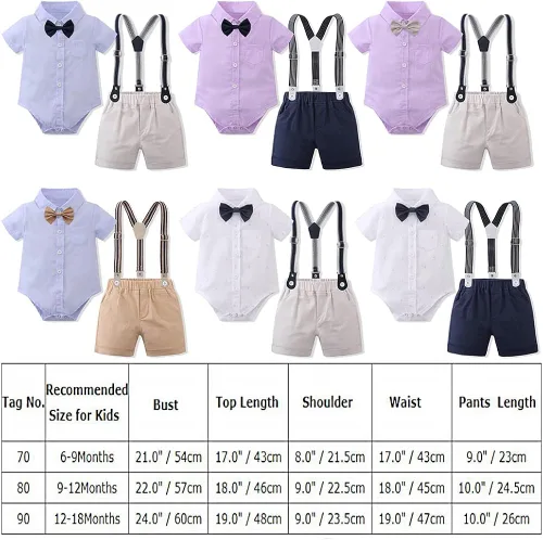 Vista 5 de Conjunto de ropa de tirantes para bebé niño con corbatín, 4 piezas, trajes de manga corta para caballeros