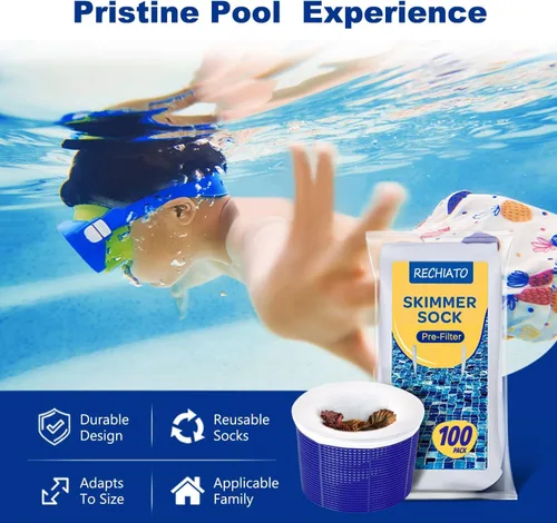 Vista 2 de Paquete de 100 calcetines de piscina para filtros de piscina, filtros de cestas y desnatadores para filtrar desechos y hojas, sistema de filtro