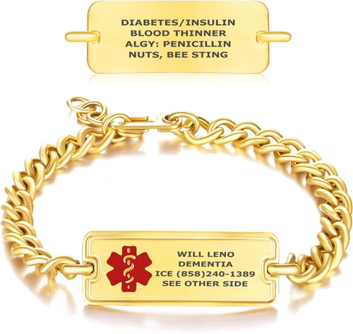 Vista 8 de Pulsera de Alerta de Identificación Médica Grabada Personalizada, Condiciones Personalizadas de 4 Líneas Cadena de Cuerda de Acero Inoxidable
