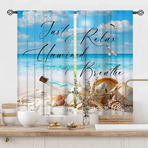 Vista 26 de Cortinas costeras, temática de playa de verano, acuarela, medusas náuticas, estrellas de mar, concha, caballito de mar, azul, opacas, cortinas
