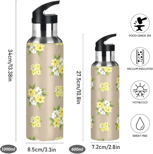 Vista 2 de Stainless Steel Vacuum Insulated Water Bottle 20 Oz, Leakproof Water Bottles for Gym Outdoor Travel School, Yellow White Flowers Beige