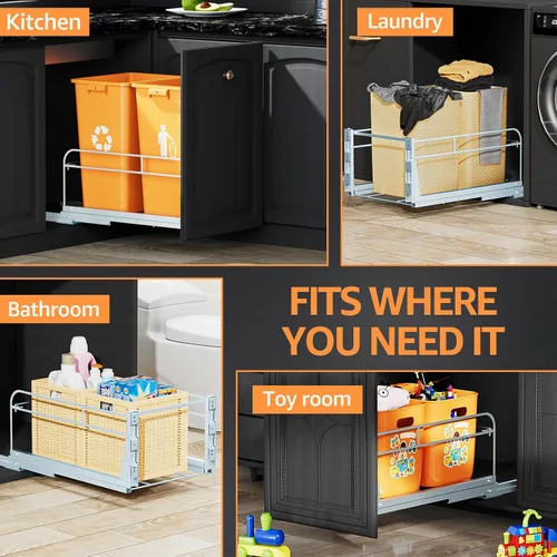 Vista 8 de Cubo de basura doble extraíble debajo del gabinete con kit de montaje de puerta, bote de basura debajo del fregadero para cocina con toboganes