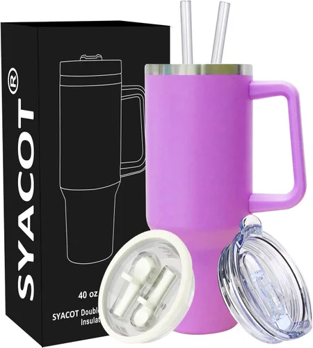 Vista 12 de SYACOT Vaso de 40 onzas con asa y pajita, vaso aislado de acero inoxidable, tapa a prueba de fugas y tapa con pajilla, taza de café de viaje