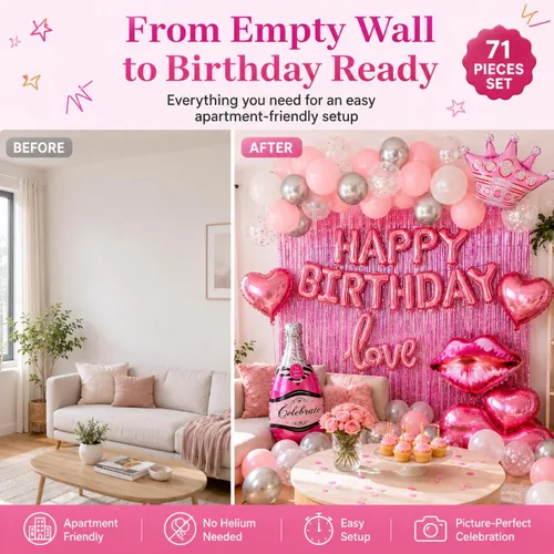 Vista 9 de Vidal Crafts - Decoraciones de cumpleaños rosadas, 71 piezas de decoraciones de feliz cumpleaños con globos de látex, papel de aluminio y confeti