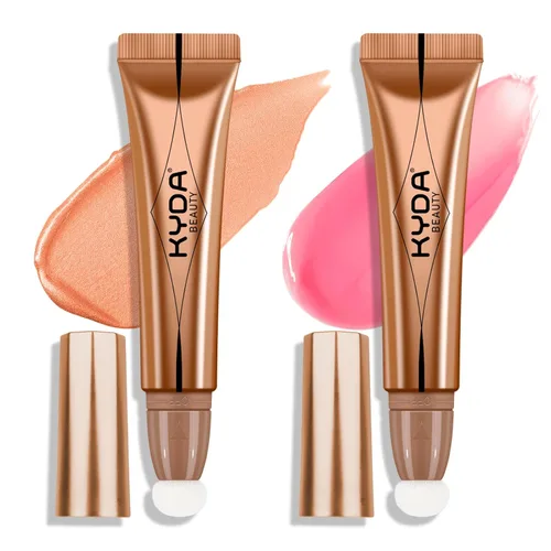 Vista 13 de KYDA Varita iluminadora líquida, iluminador facial brillante para construir, resaltador brillante, bronceador, cobertura suave mezclable con Dorado
