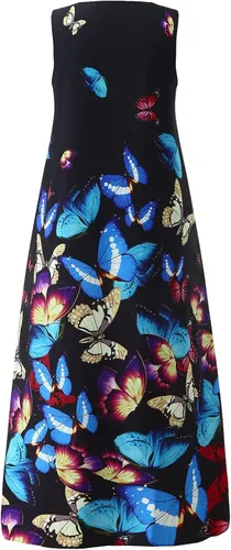 Vista 3 de Womens Dresses with Sleeves V-Neck Half Button Floral Printing Snug Hide Belly Flowy Cool Mid Length Dress with Pockets