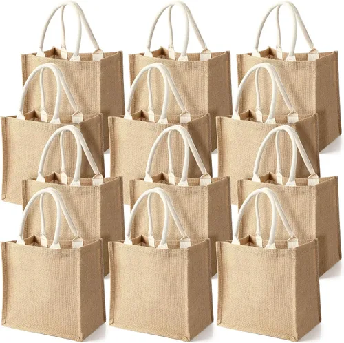 Vista 12 de Saintrygo - 12 bolsas de arpillera con asa reutilizables, yute y negro Lienzo en blanco perfecto para bricolaje, asas resistentes, tela