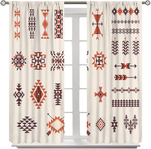 Vista 159 de Cortinas con patrón geométrico tribal, estilo suroeste, azteca, rústico, occidental, nativo americano, opacas, con bolsillo para barra, decoración
