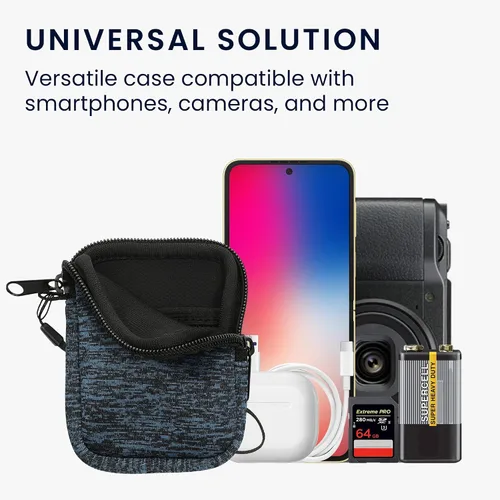 Vista 4 de kwmobile Bolsa de neopreno para teléfono tamaño XXS - 3/3,5 pulgadas - Mini bolsa universal para celular con cremallera, correa para la muñeca