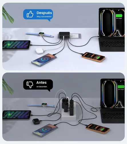 Vista 7 de Bloque de Carga Rápida, Cubo de Estación de Carga GaN de 6 Puertos USB C, Cargador de Pared de 100W de Tipo C de Múltiples Puertos con Enchufe