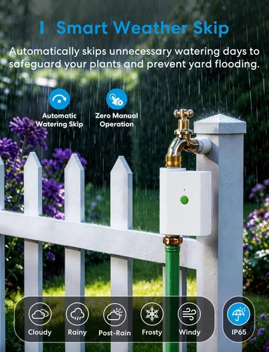 Vista 3 de meross Temporizador de agua WiFi para manguera de jardín, temporizador de manguera inteligente con entrada y salida de latón, válvula de rociador