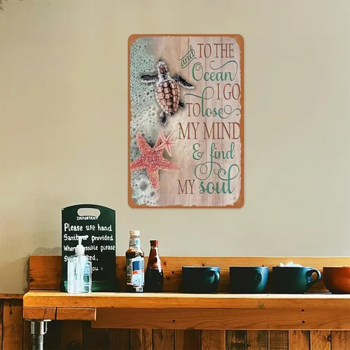 Vista 6 de Cartel de metal con texto en inglés «To The Ocean I Go To Lose My Mind And Find My Soul» de tortuga marina de 12 x 8 pulgadas, decoración de pared