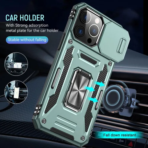 Vista 5 de Funda protectora para iPhone 15 Pro con anillo magnético y cubierta de cámara deslizante para iPhone 15 Pro, color verde alpino