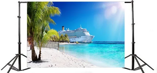 Vista 3 de Telón de fondo de fotografía del mar caribeño de 7 x 5 pies, telón de fondo de playa de palmera coral playa decoración de fiesta de crucero