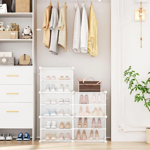 Vista 7 de Zapatero de 10 niveles para almacenamiento de 20 pares de zapatos con puerta, organizador de zapatos alto de plástico, libre de pie, expandible