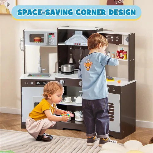 Vista 8 de Costzon Juego de cocina esquinera para niños, juego de cocina de juguete de madera con campana extractora de luces y sonidos, máquina de hielo
