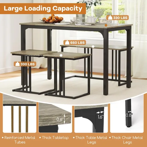Vista 3 de GOFLAME Juego de mesa de comedor de 4 piezas para 4, mesa de comedor rectangular de madera con banco y 2 taburetes, juego de mesa de cocina
