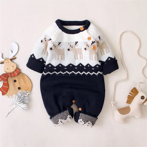 Vista 3 de Gueuusu Conjunto unisex de Navidad con estampado de dibujos animados, manga larga, suéter de punto, overol cálido para invierno