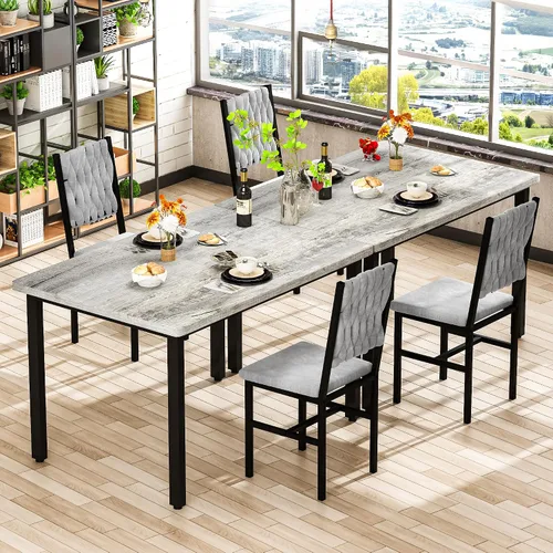 Vista 7 de AWQM Juego de mesa de comedor de 3 piezas para 2, mesa de comedor pequeña de cocina con sillas tapizadas, juego de mesa de comedor compacto para Gris