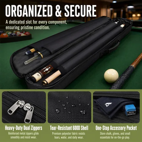 Vista 4 de Estuche para taco de billar de 2 x 2 con capacidad para 2 traseros, 2 ejes, bolsa de transporte con bolsillo, bolsa suave con correa para el hombro