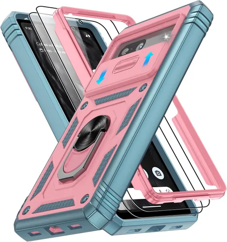 Vista 60 de Gritup Funda para Google Pixel 6 con cubierta deslizante para cámara y protector de pantalla (2 unidades), soporte de anillo giratorio 360°, funda