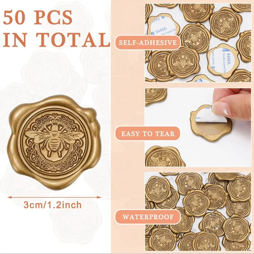 Vista 2 de Whaline 50 calcomanías de sello de cera, autoadhesivas 3D de abeja dorada, calcomanías en relieve para Navidad, tarjetas de invitación