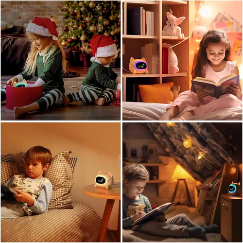 Vista 7 de ANALOI Reloj despertador para niños, reloj despertador Ok to Wake para niños, reloj de luz nocturna para dormitorio, reloj despertador para gatos