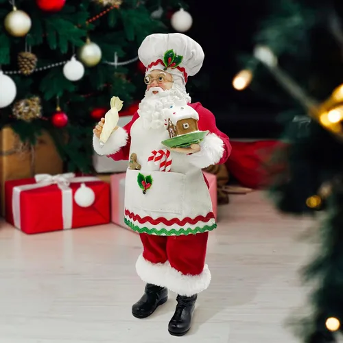 Vista 3 de Estatua de Santa Chef de Cocina de 11 Pulgadas con Casa de Jengibre, Figura de Santa de Resina Decoración Navideña Adorno Regalo de Navidad