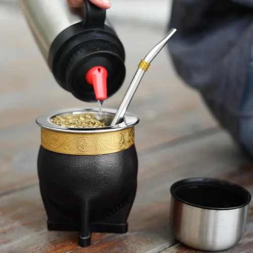 Vista 8 de Taza de Yerba Mate de Acero Inoxidable 304 Argentina con Pajita, Taza de Té de Calabaza, Una Bombilla Mate (Pajita) y Cepillo de Limpieza (Negro)