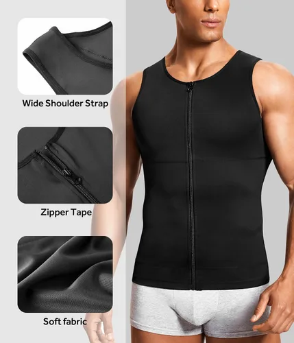 Vista 3 de Camiseta de compresión para hombre, chaleco moldeador de cuerpo, sin mangas, con cremallera, camiseta sin mangas, faja moldeadora para el estómago