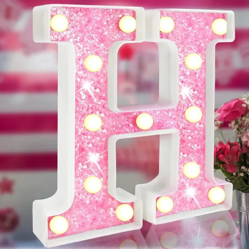 Vista 23 de Letras rosas iluminadas con purpurina, letras del alfabeto rosas, letreros de luces LED en marquesina rosas con batería para iluminación nocturna