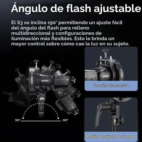 Vista 5 de Godox Soporte de flash Speedlite S3, soporte de montaje Bowens, agujero para paraguas, ± 90 ° de inclinación