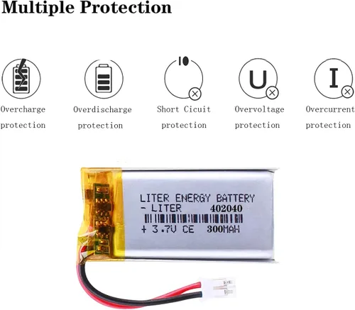Vista 3 de Liter 3.7V 300mAh 402040 Lipo Batería recargable de iones de polímero de litio con conector JST 0.079 in