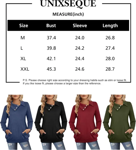 Vista 6 de Unixseque Camisetas de manga larga para mujer, cuello de solapa, cuello en V, túnica casual con botones, con bolsillo, sudadera sólida de moda